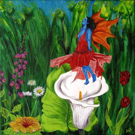 jeune femme aillée semblant s'élever doucement dans les airs au milieu des fleurs.